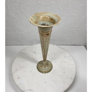 Vintage Glazed Fluted Brass Vase 11" Tall White Brown Patina Flower Stems Bud